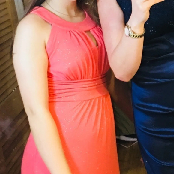 Sweet storm junior women’s Medium dress gown Coral formal sparkle maxi stretch - Picture 2 of 9